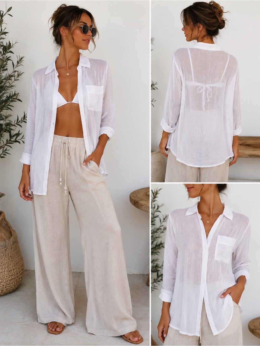 Zoye Chen Camisa Transparente Blanca Tipo Resort Playa Talla S